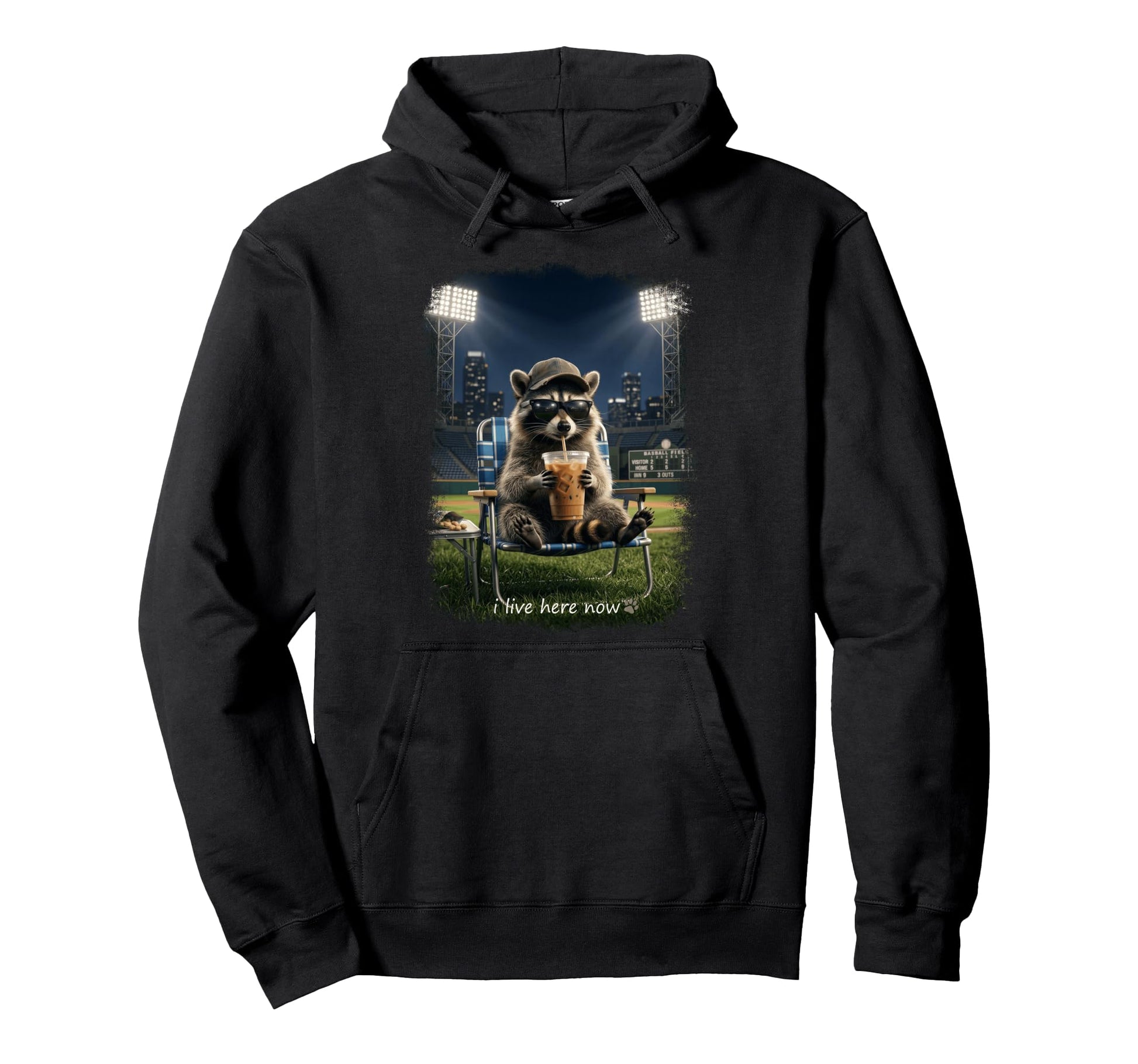 Funny Raccoon Ballfield Baseball Hoodie - Streetwear Style for Adults - T-Shirt, Sweatshirt, Hoodie