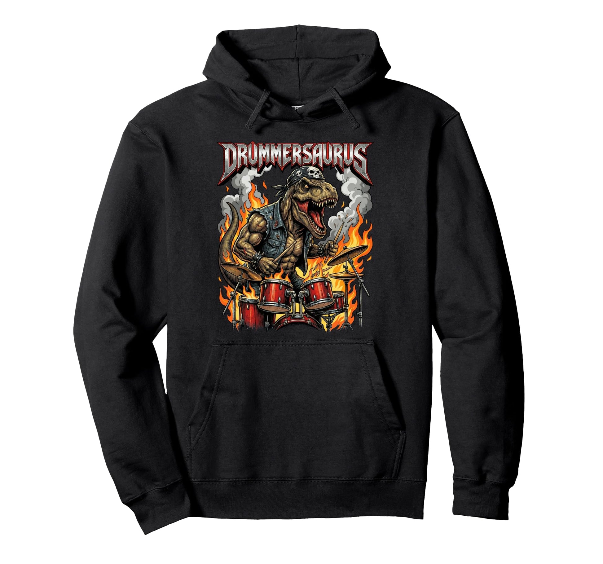Drummersaurus Heavy Metal T Rex Hoodie - Custom Art Print Men Women - T-Shirt, Sweatshirt, Hoodie