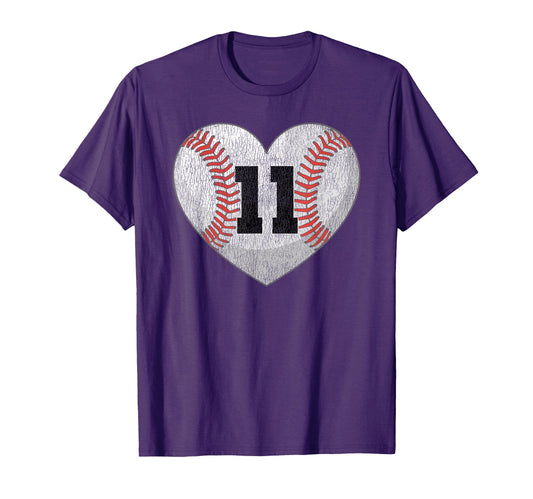 Baseball Number 11 Distressed Heart T-Shirt - Fun Novelty Design Unisex - T-Shirt, Sweatshirt, Hoodie