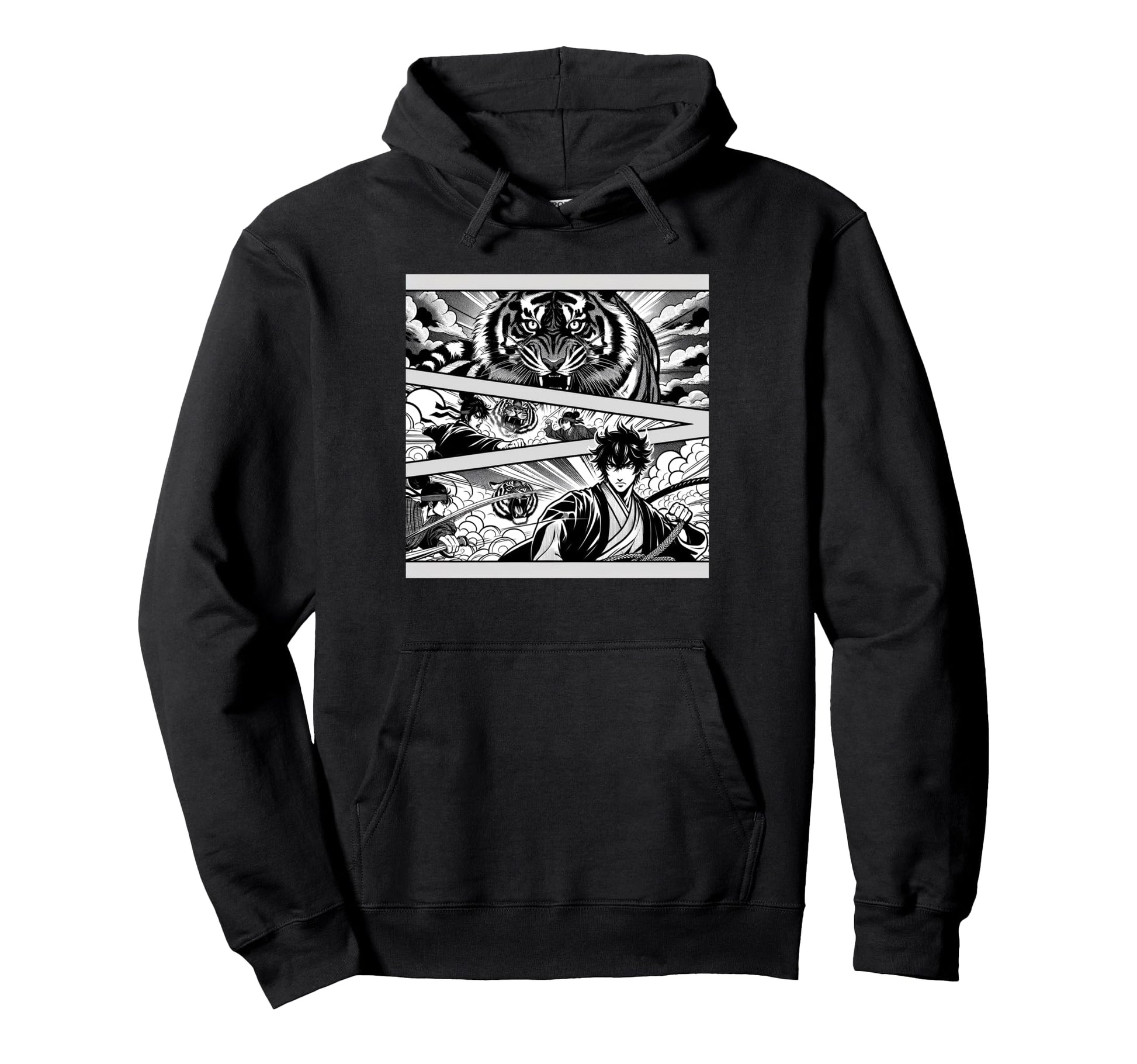 Japanese Fighters Battling Tiger Anime Hoodie - Unique Graphic for Adults - T-Shirt, Sweatshirt, Hoodie