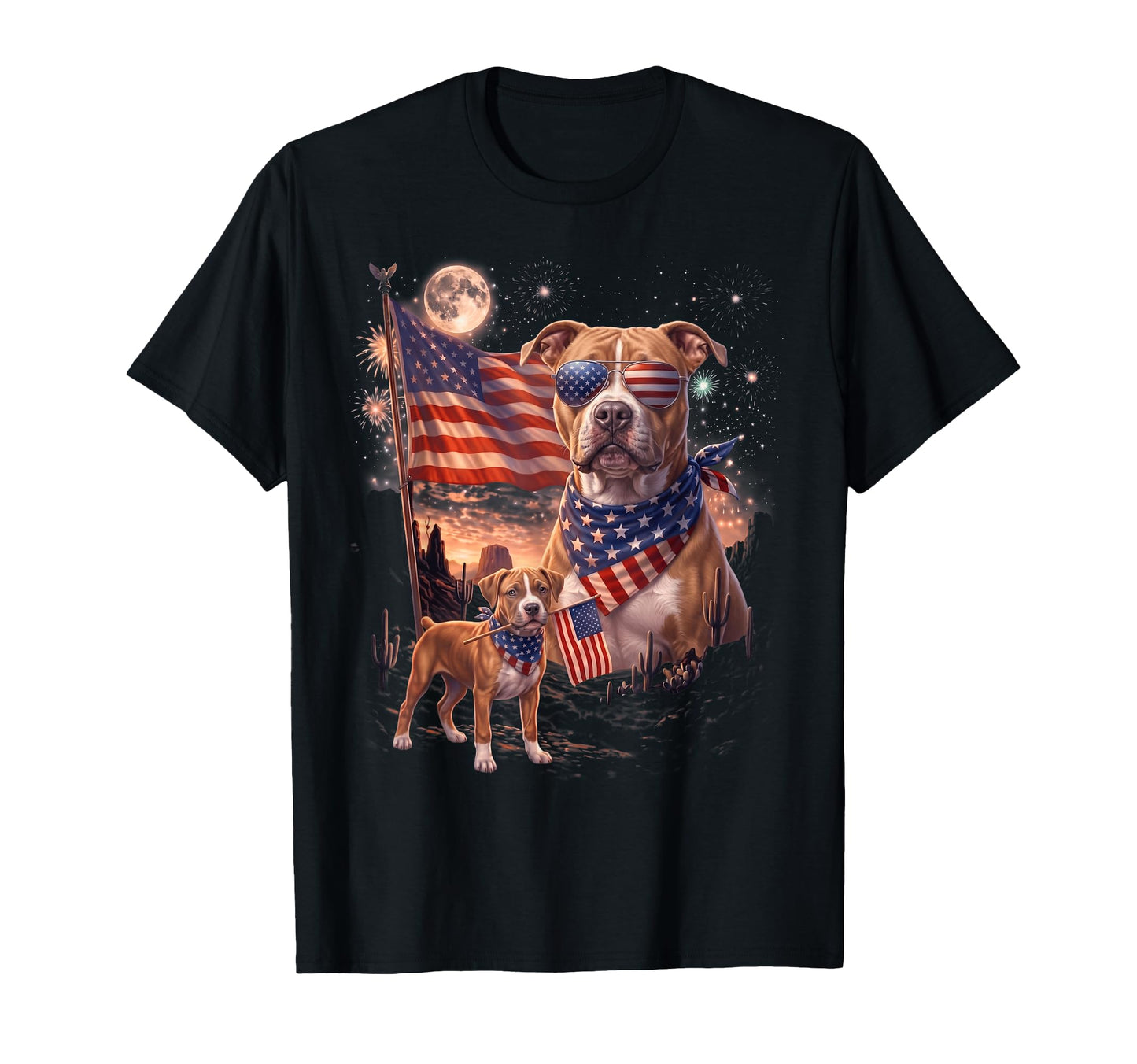 Pitbull Dog Patriotic Dog Moon T-Shirt - Aesthetic Graphic for Adults - T-Shirt, Sweatshirt, Hoodie
