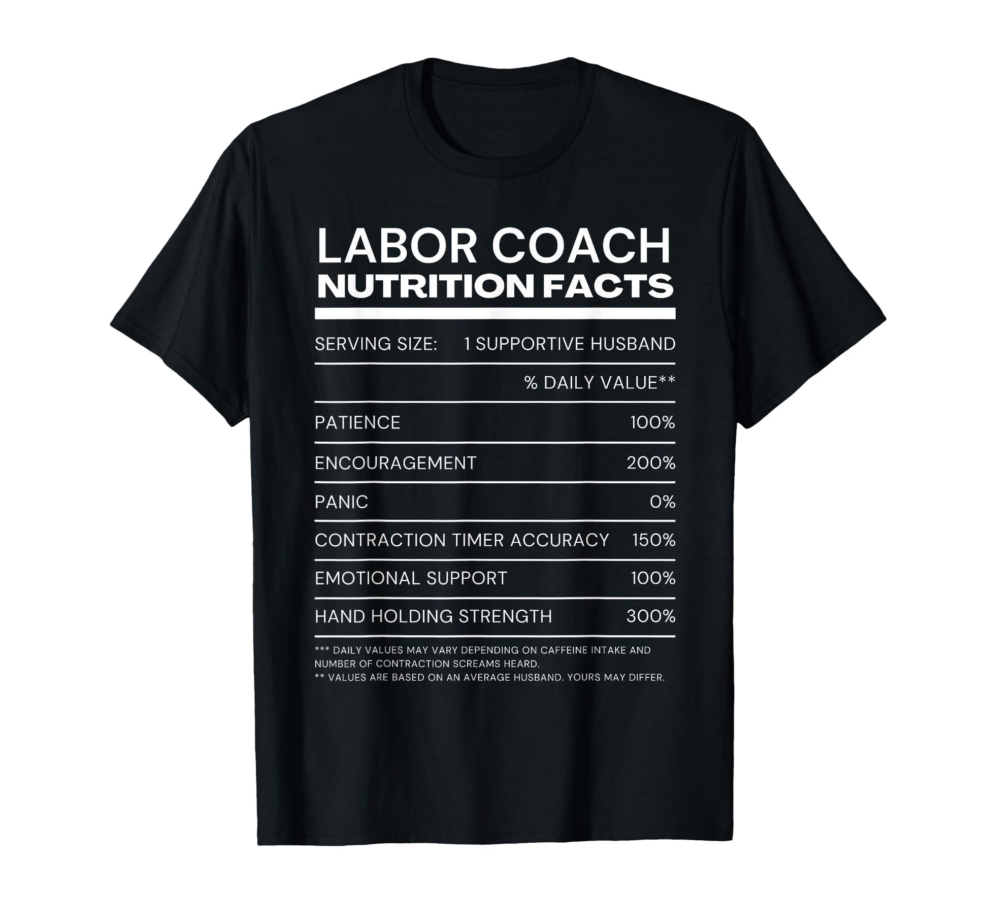 Funny Labor Coach Nutrition Facts T-Shirt - Fun Novelty Design Unisex - T-Shirt, Sweatshirt, Hoodie