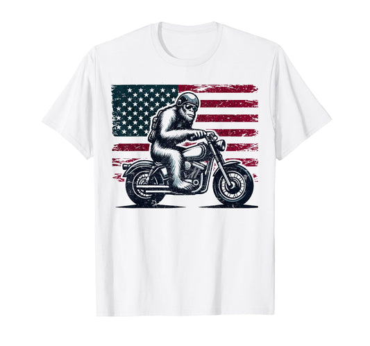 Bigfoot Biker Us Flag Motorcycle 4Th T-Shirt - Minimalist Print Unisex - T-Shirt, Sweatshirt, Hoodie