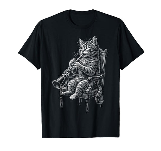 Cat Playing Clarinet Music Funny T-Shirt - Custom Art Print Men Women - T-Shirt, Sweatshirt, Hoodie