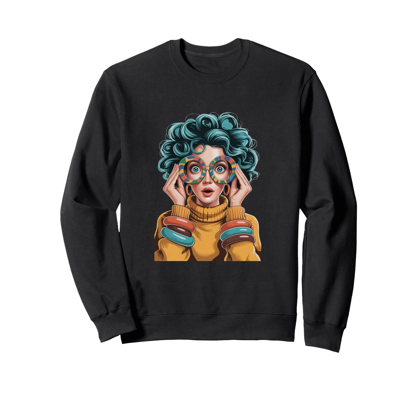 Surprised Blue Hair Colorful Round Sweatshirt - Trendy Graphic for Adults - T-Shirt, Sweatshirt, Hoodie