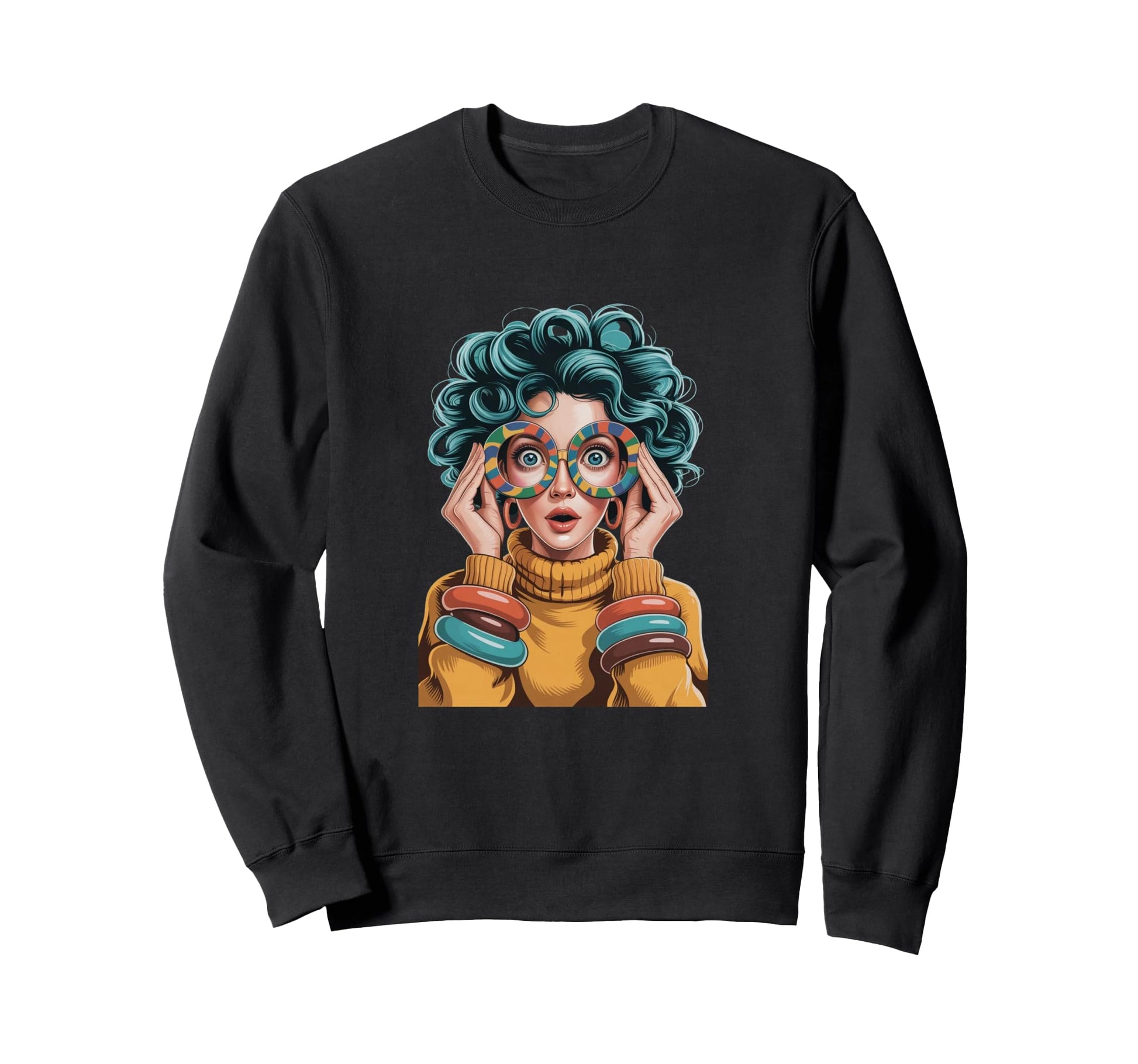 Surprised Blue Hair Colorful Round Sweatshirt - Trendy Graphic for Adults - T-Shirt, Sweatshirt, Hoodie