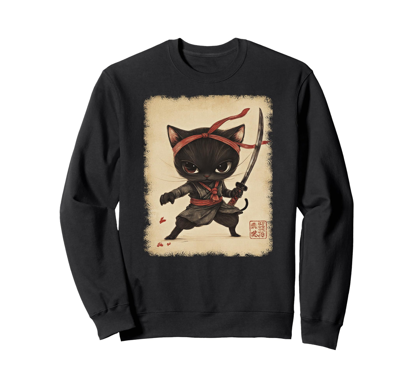 Japanese Samurai Kitten Kawaii Sweatshirt - Streetwear Style for Adults - T-Shirt, Sweatshirt, Hoodie