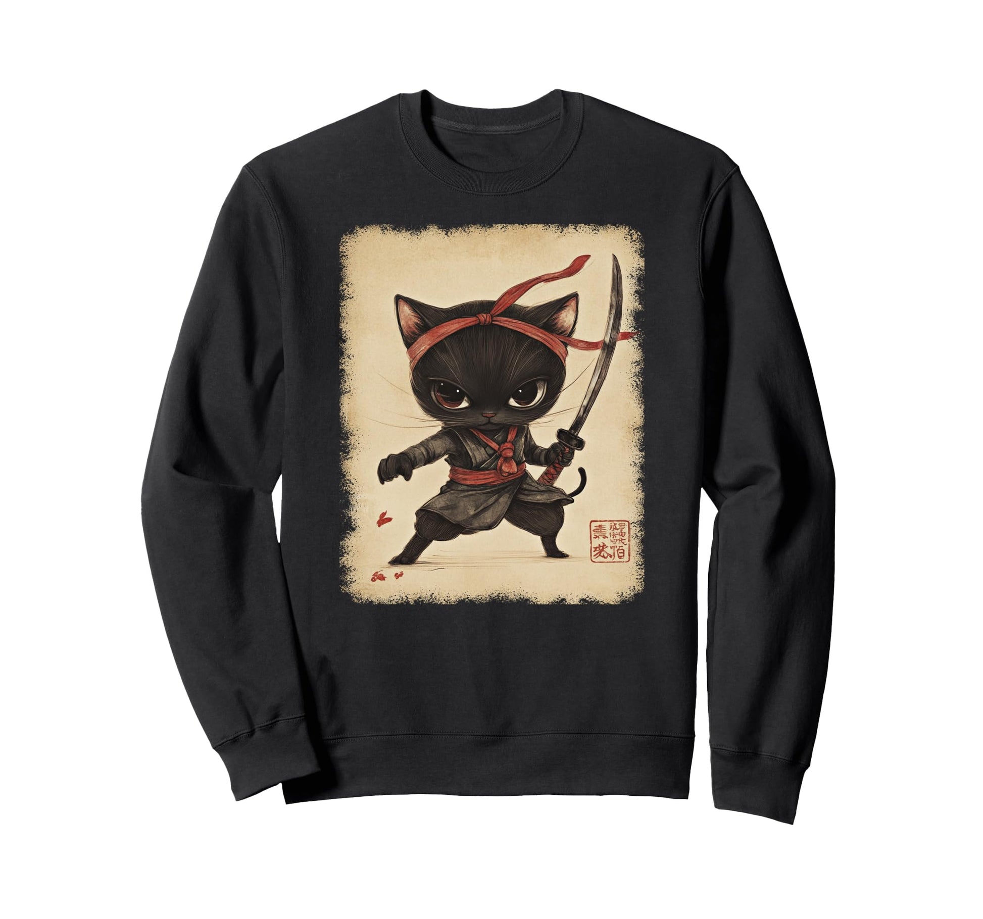 Japanese Samurai Kitten Kawaii Sweatshirt - Streetwear Style for Adults - T-Shirt, Sweatshirt, Hoodie