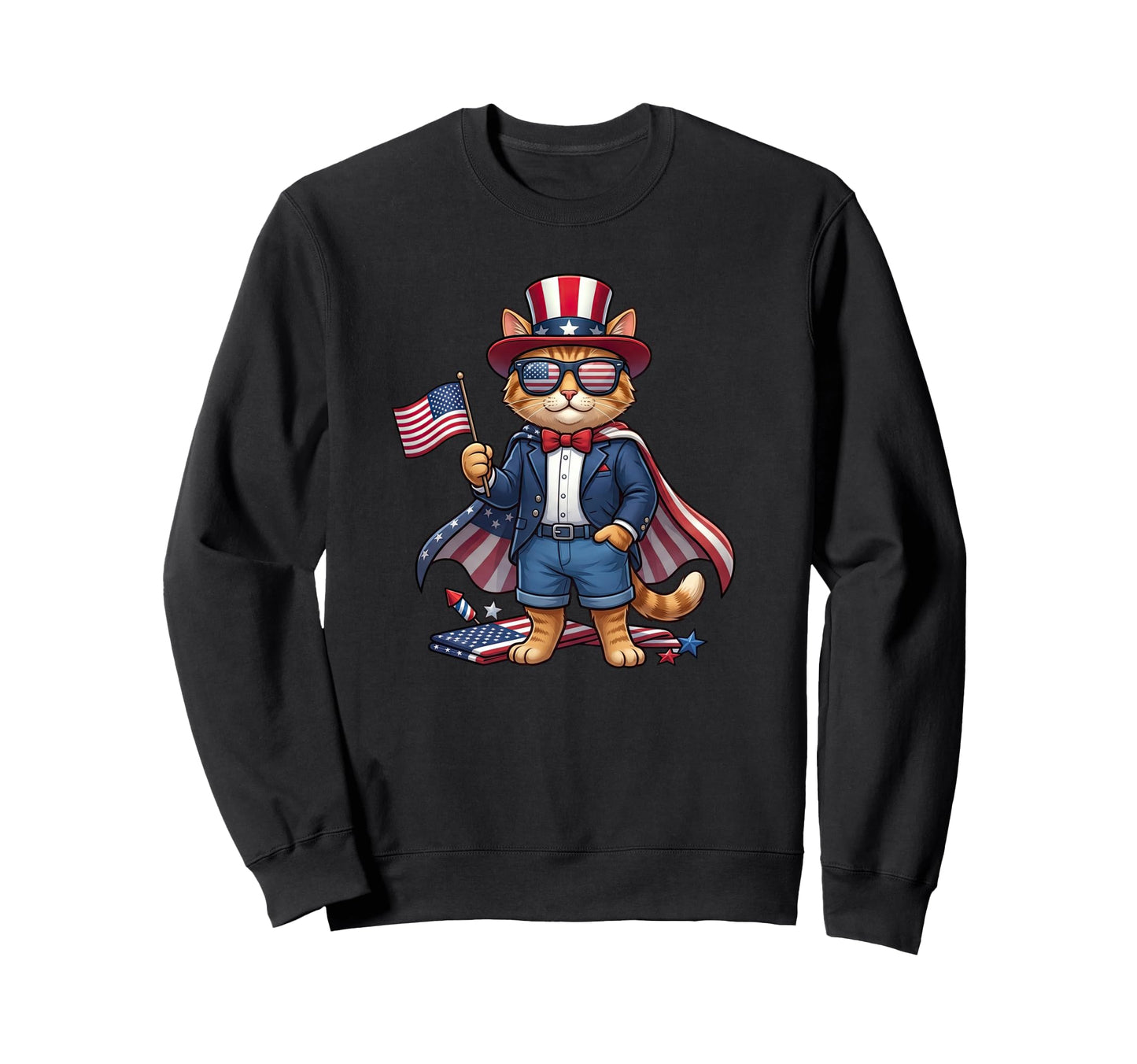 Funny Cat American Usa Flag Sweatshirt - Casual Everyday Wear Men Women - T-Shirt, Sweatshirt, Hoodie