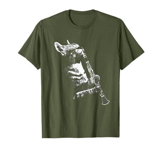 Cat Playing Clarinet Funny Cat T-Shirt - Novelty Apparel for Adults - T-Shirt, Sweatshirt, Hoodie