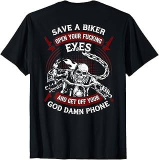 Save A Biker Open Your Eyes Get Off Your Phone Skull (Back) T-Shirt Unisex T-shirt, Sweatshirt, Hoodie, Long Sleeve Tee - T-Shirt, Sweatshirt, Hoodie
