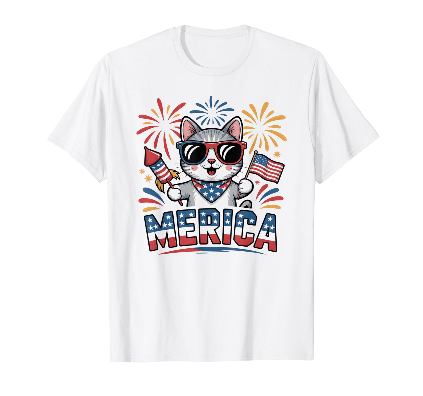 Firework Merica July 4Th Cat T-Shirt - Casual Everyday Wear Men Women - T-Shirt, Sweatshirt, Hoodie