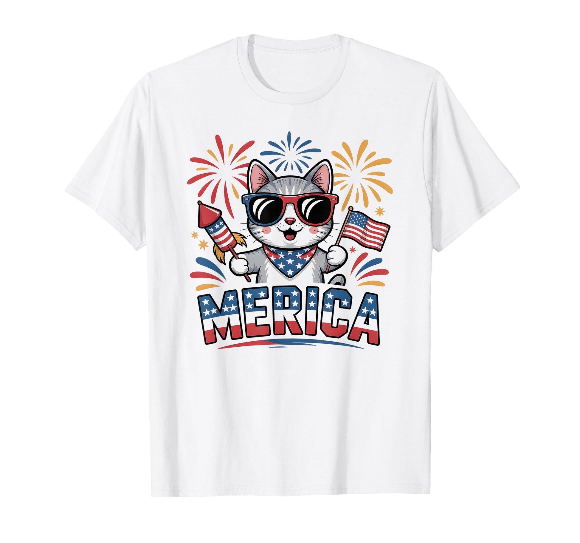 Firework Merica July 4Th Cat T-Shirt - Casual Everyday Wear Men Women - T-Shirt, Sweatshirt, Hoodie