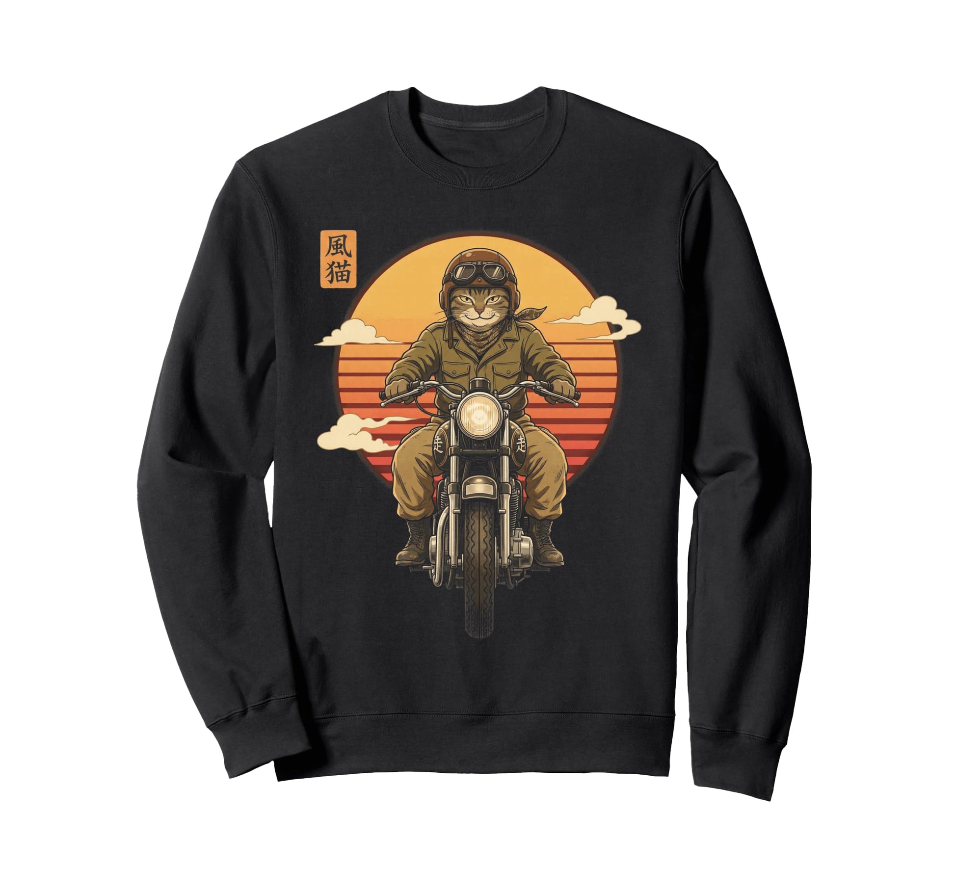 Japanese Samurai Cat Motorcycle Sweatshirt - Aesthetic Graphic for Adults - T-Shirt, Sweatshirt, Hoodie