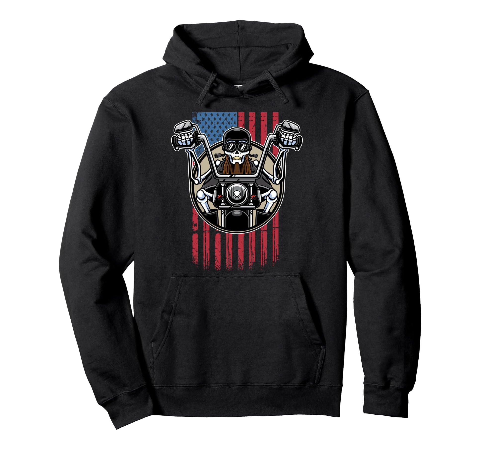 Bearded Biker Skull Us American Flag Hoodie - Novelty Apparel Unisex - T-Shirt, Sweatshirt, Hoodie