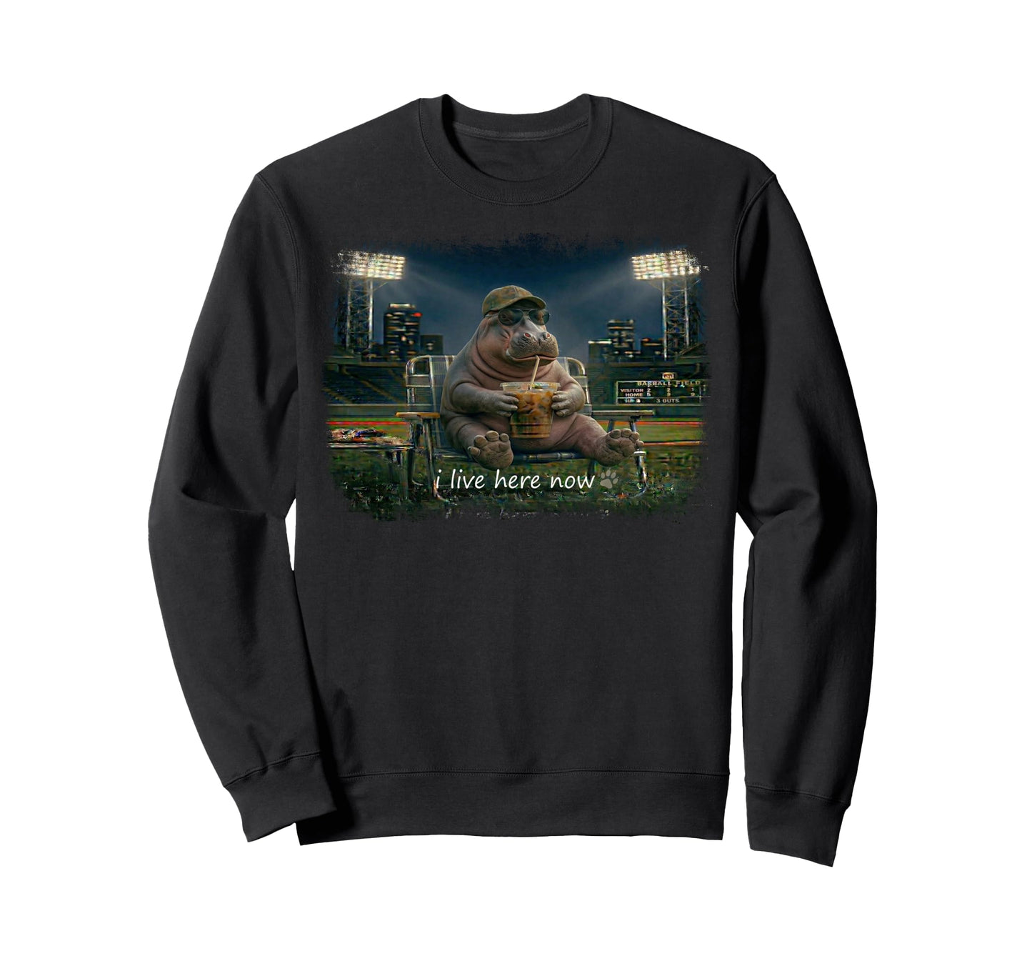 Funny Hippopotamus Ballfield Baseball Sweatshirt - Unique Graphic Unisex - T-Shirt, Sweatshirt, Hoodie