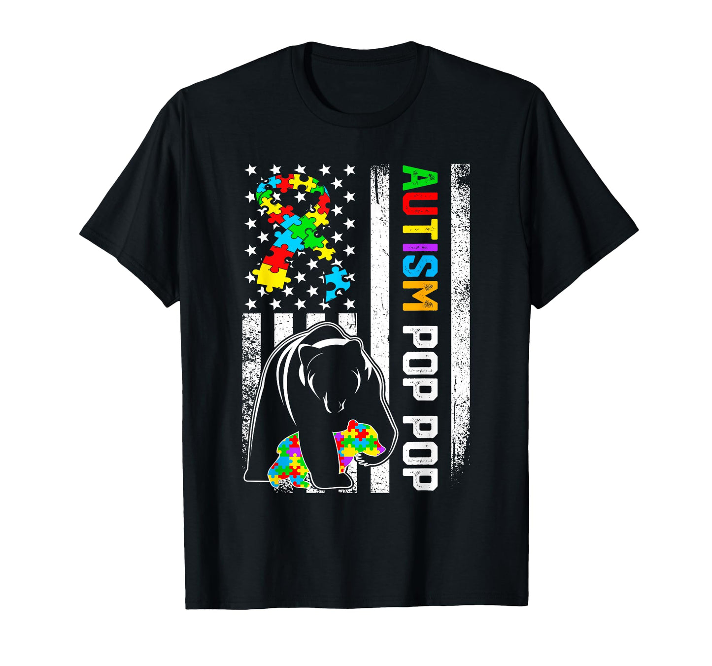 Distressed American Flag Autism Pop Pop T-Shirt - Aesthetic Graphic Unisex - T-Shirt, Sweatshirt, Hoodie
