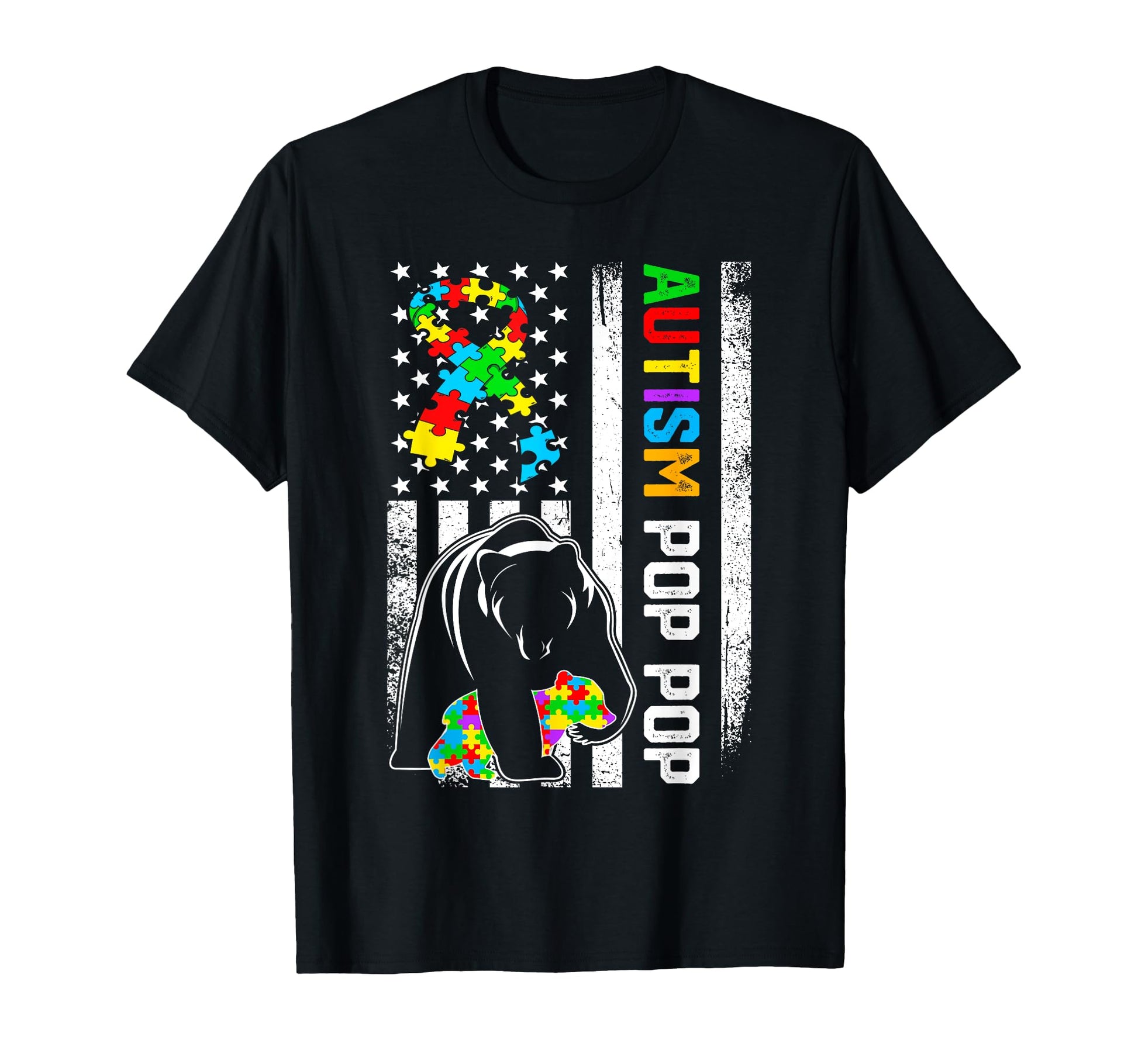 Distressed American Flag Autism Pop Pop T-Shirt - Aesthetic Graphic Unisex - T-Shirt, Sweatshirt, Hoodie