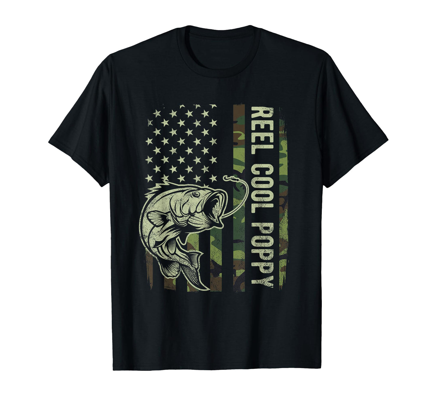 Reel Poppy Camo American Flag Bass T-Shirt - Fun Novelty Design Unisex - T-Shirt, Sweatshirt, Hoodie