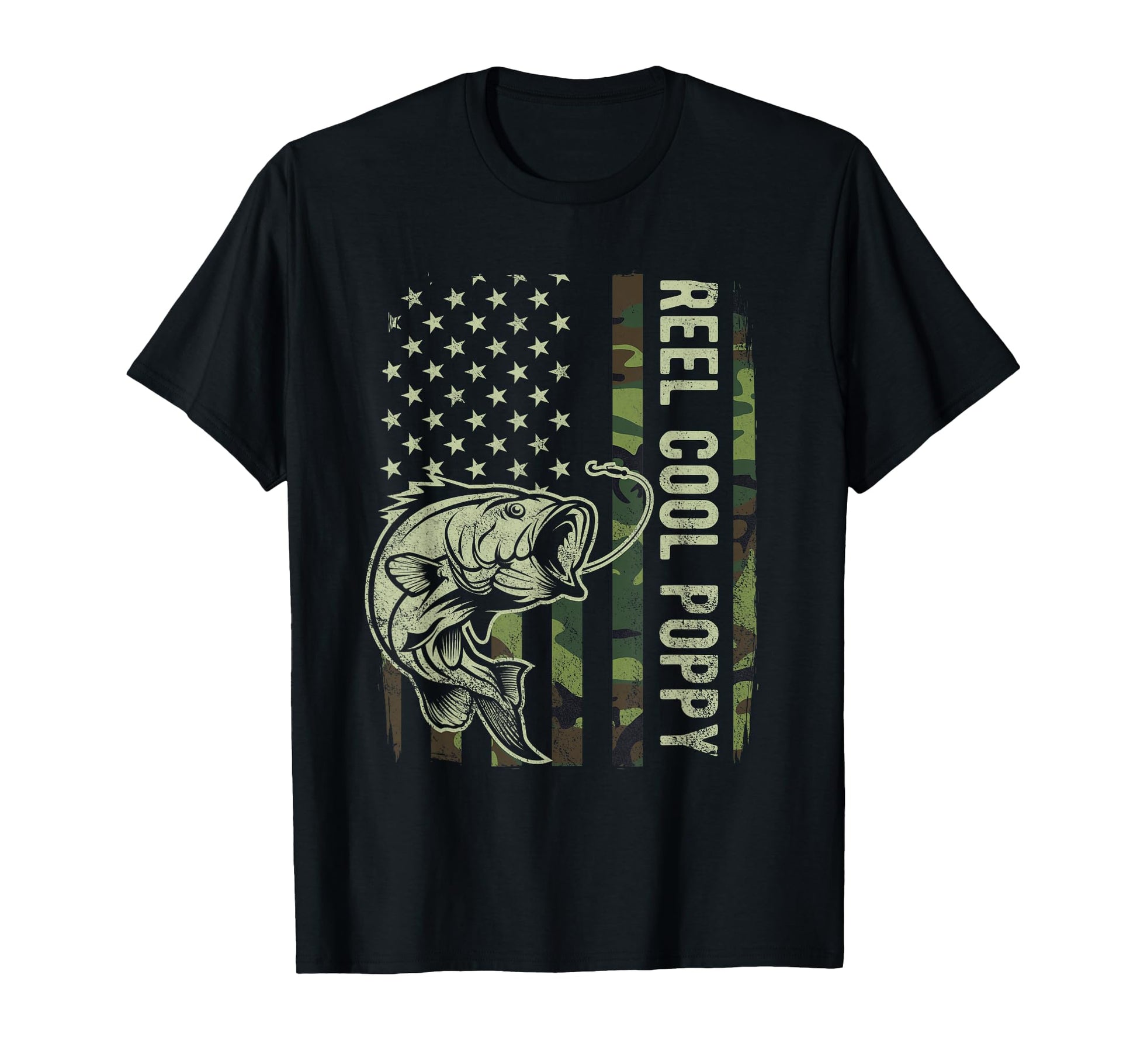 Reel Poppy Camo American Flag Bass T-Shirt - Fun Novelty Design Unisex - T-Shirt, Sweatshirt, Hoodie