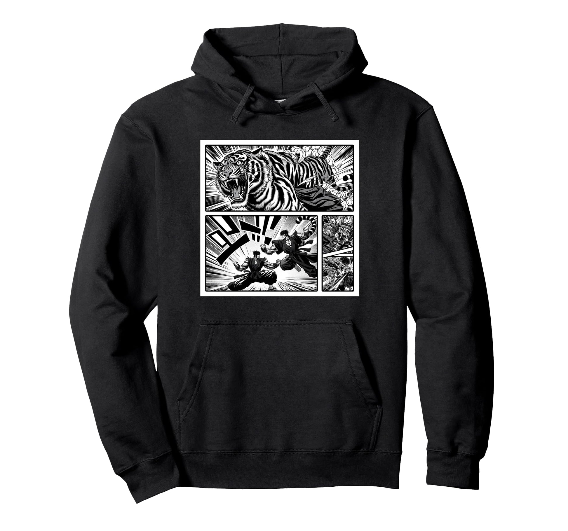 Japanese Fighters Battling Tiger Hoodie - Custom Art Print for Adults - T-Shirt, Sweatshirt, Hoodie