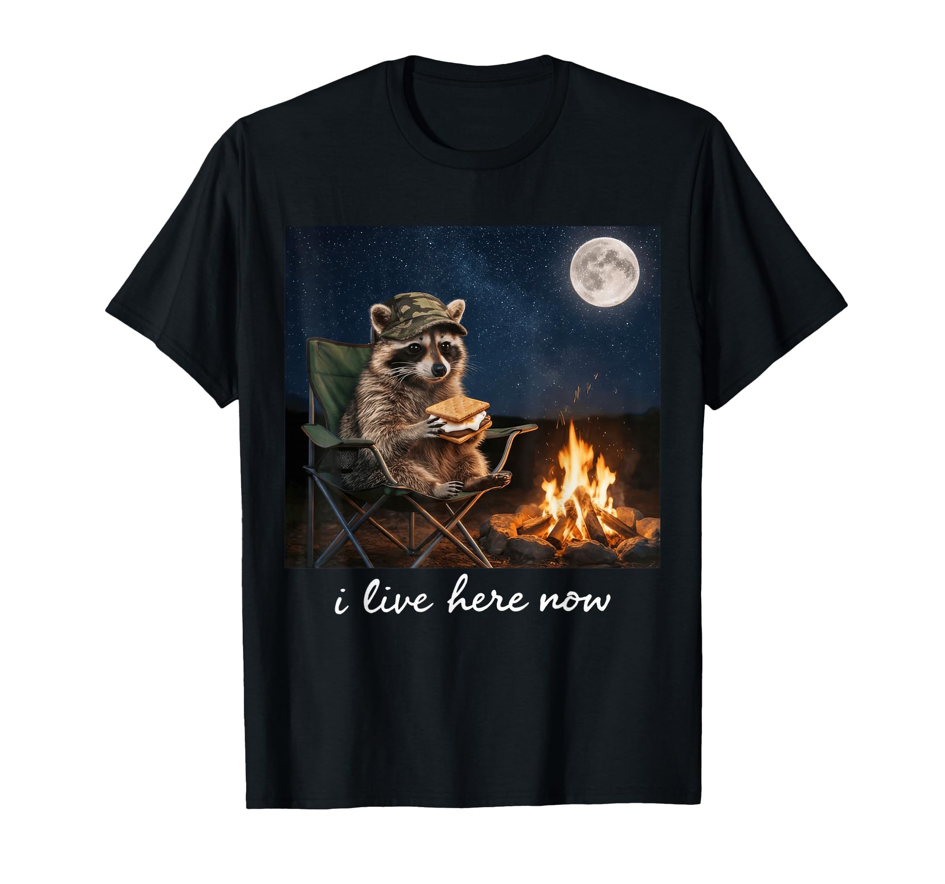 Raccoon Camping Campfire Moon Night T-Shirt - Aesthetic Graphic for Adults - T-Shirt, Sweatshirt, Hoodie