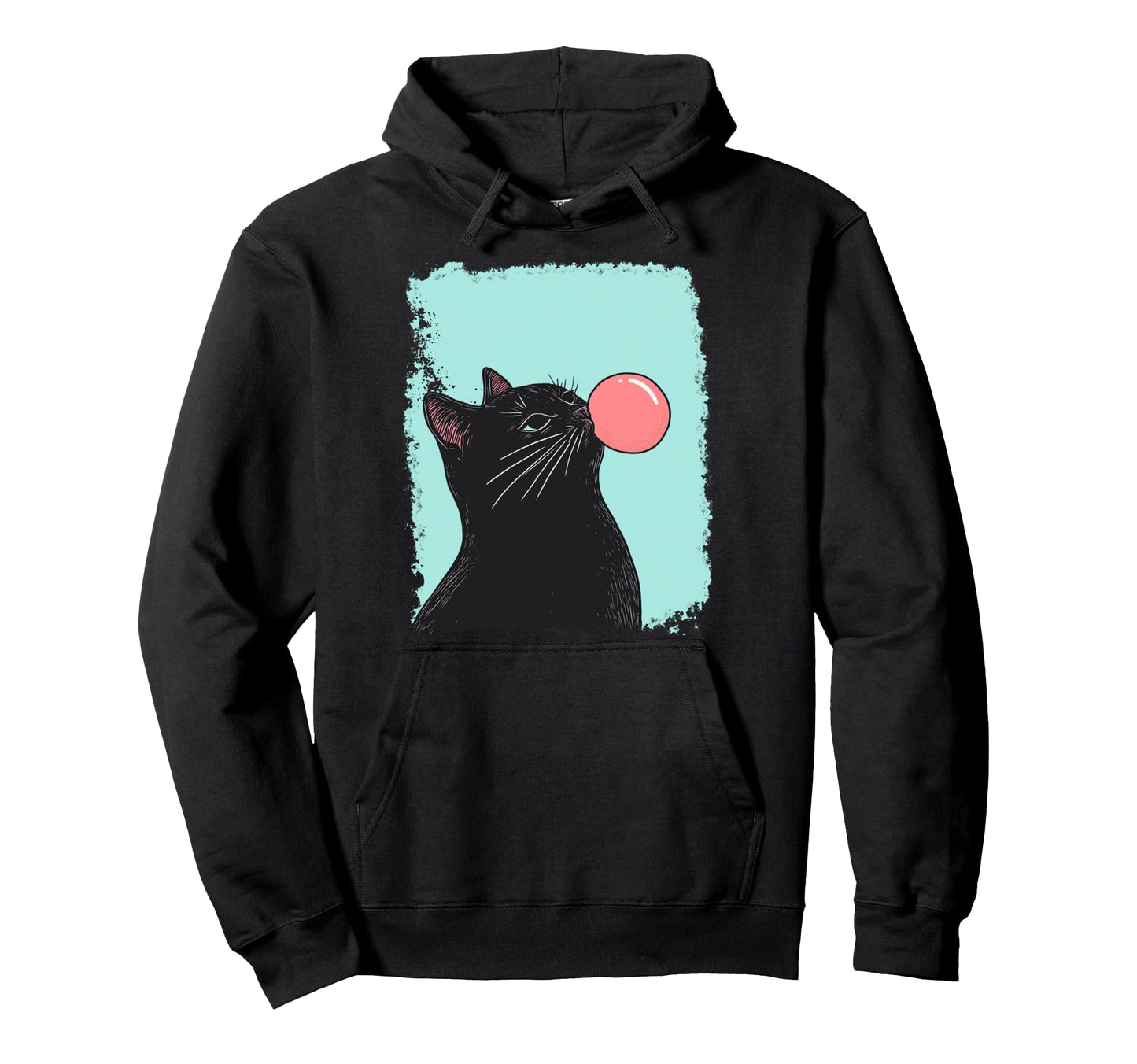 Pop Art Turquoise Blue Silly Cat Black Hoodie - Novelty Apparel for Adults - T-Shirt, Sweatshirt, Hoodie