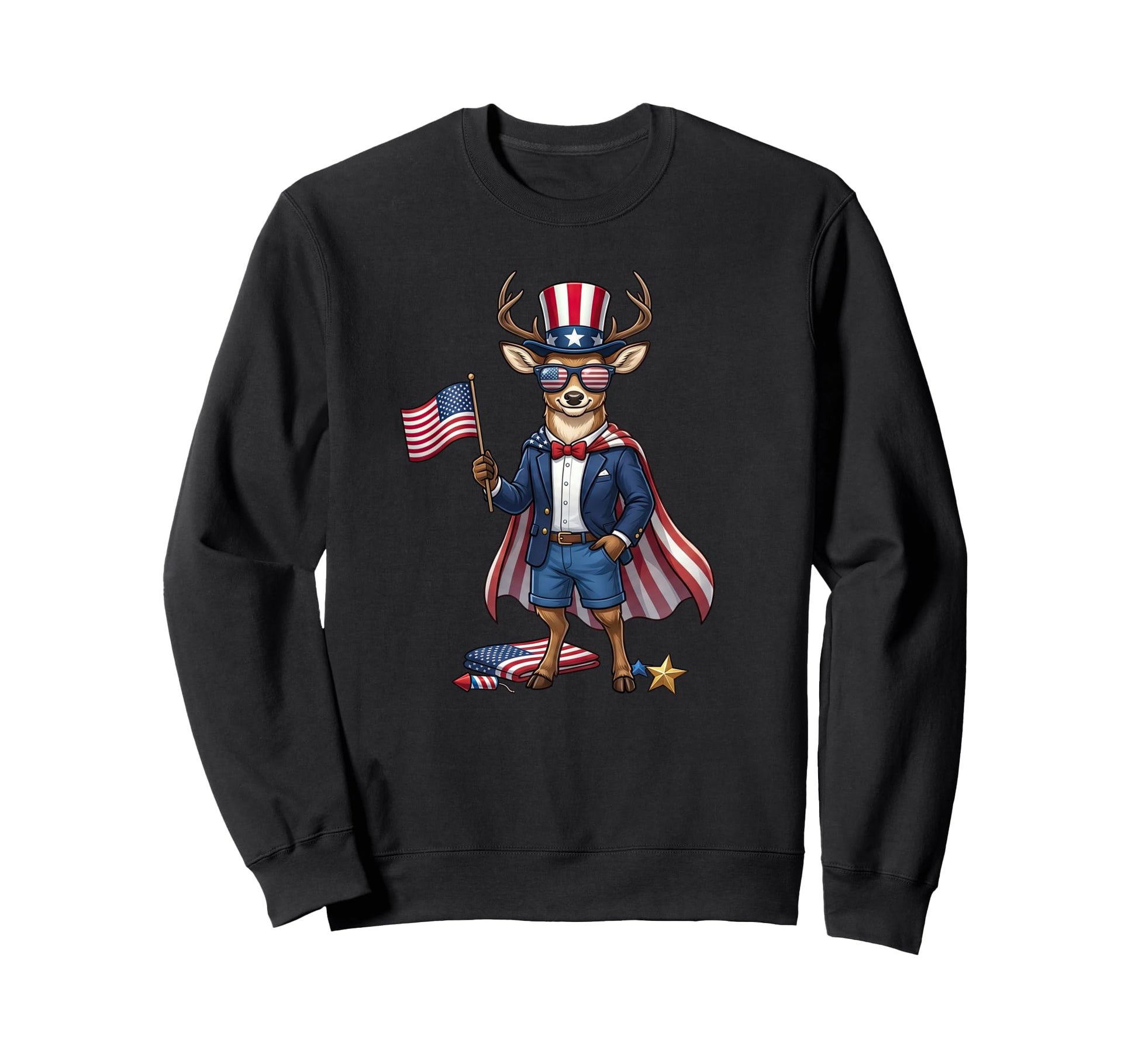 Funny Deer American Usa Flag Memorial Sweatshirt - Unique Graphic Unisex - T-Shirt, Sweatshirt, Hoodie