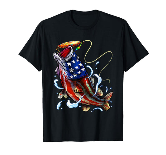 Bass Fishing Fish American Flag Dad T-Shirt - Custom Art Print for Adults - T-Shirt, Sweatshirt, Hoodie