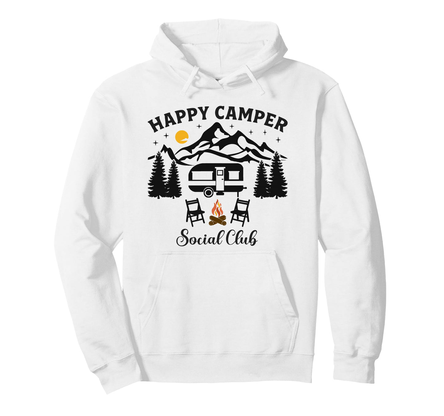 Happy Camper Social Club Funny Camping Hoodie - Custom Art Print for Adults - T-Shirt, Sweatshirt, Hoodie