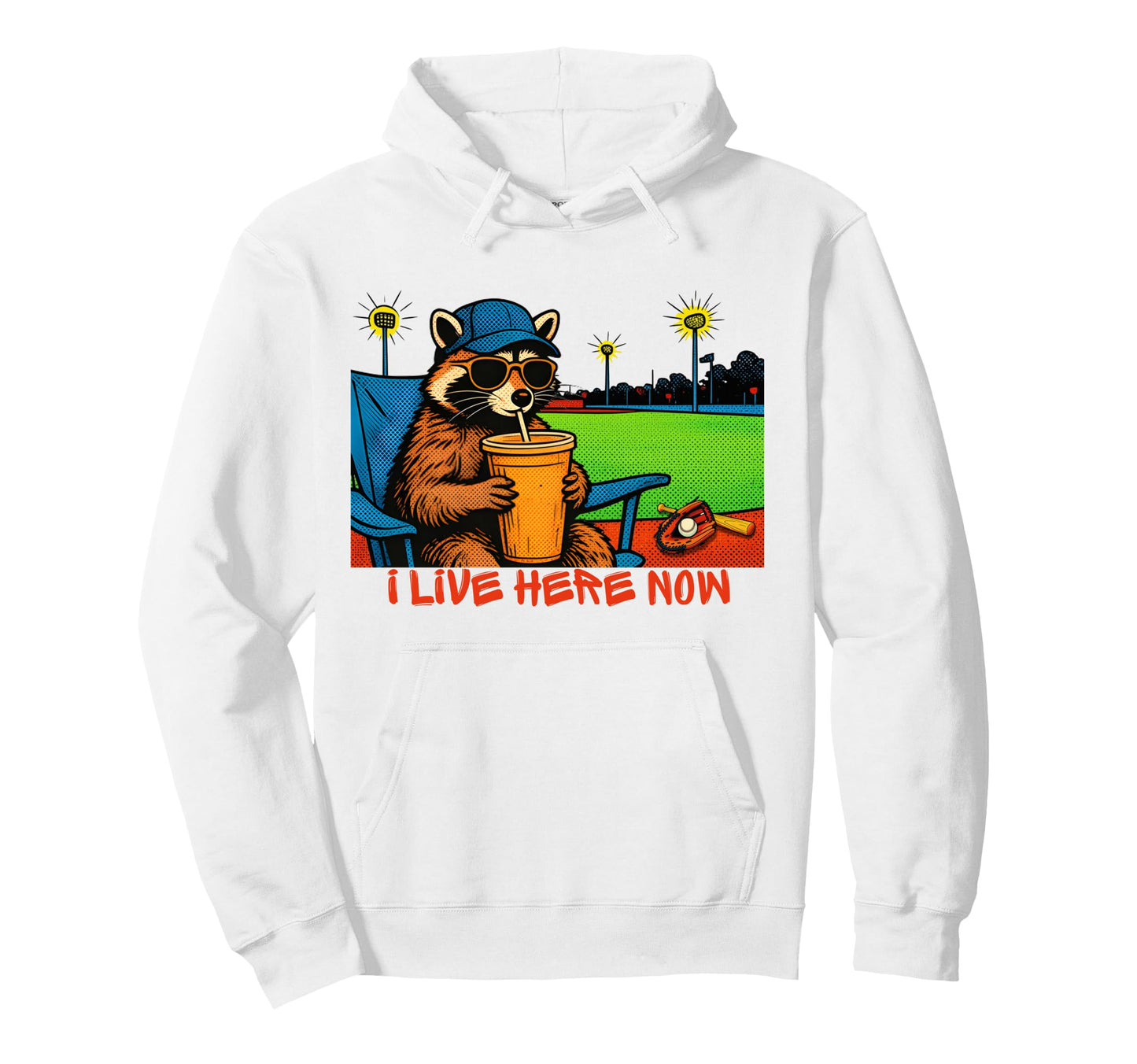 Funny Raccoon Ballfield Baseball Field Hoodie - Novelty Apparel Men Women - T-Shirt, Sweatshirt, Hoodie
