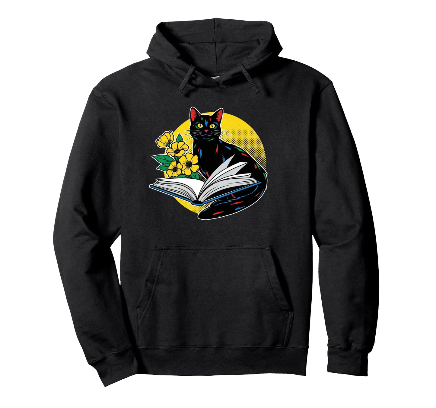 Black Cat Book And Flowers Pop Art Hoodie - Minimalist Print Men Women - T-Shirt, Sweatshirt, Hoodie