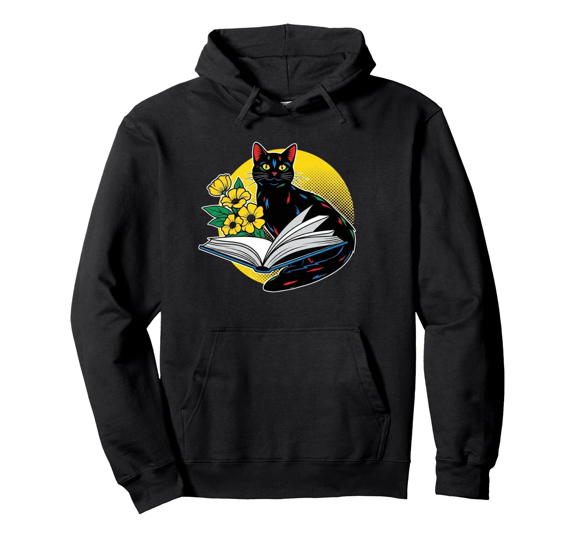 Black Cat Book And Flowers Pop Art Hoodie - Minimalist Print Men Women - T-Shirt, Sweatshirt, Hoodie