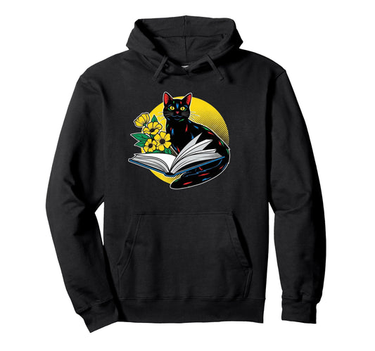 Black Cat Book And Flowers Pop Art Hoodie - Minimalist Print Men Women - T-Shirt, Sweatshirt, Hoodie