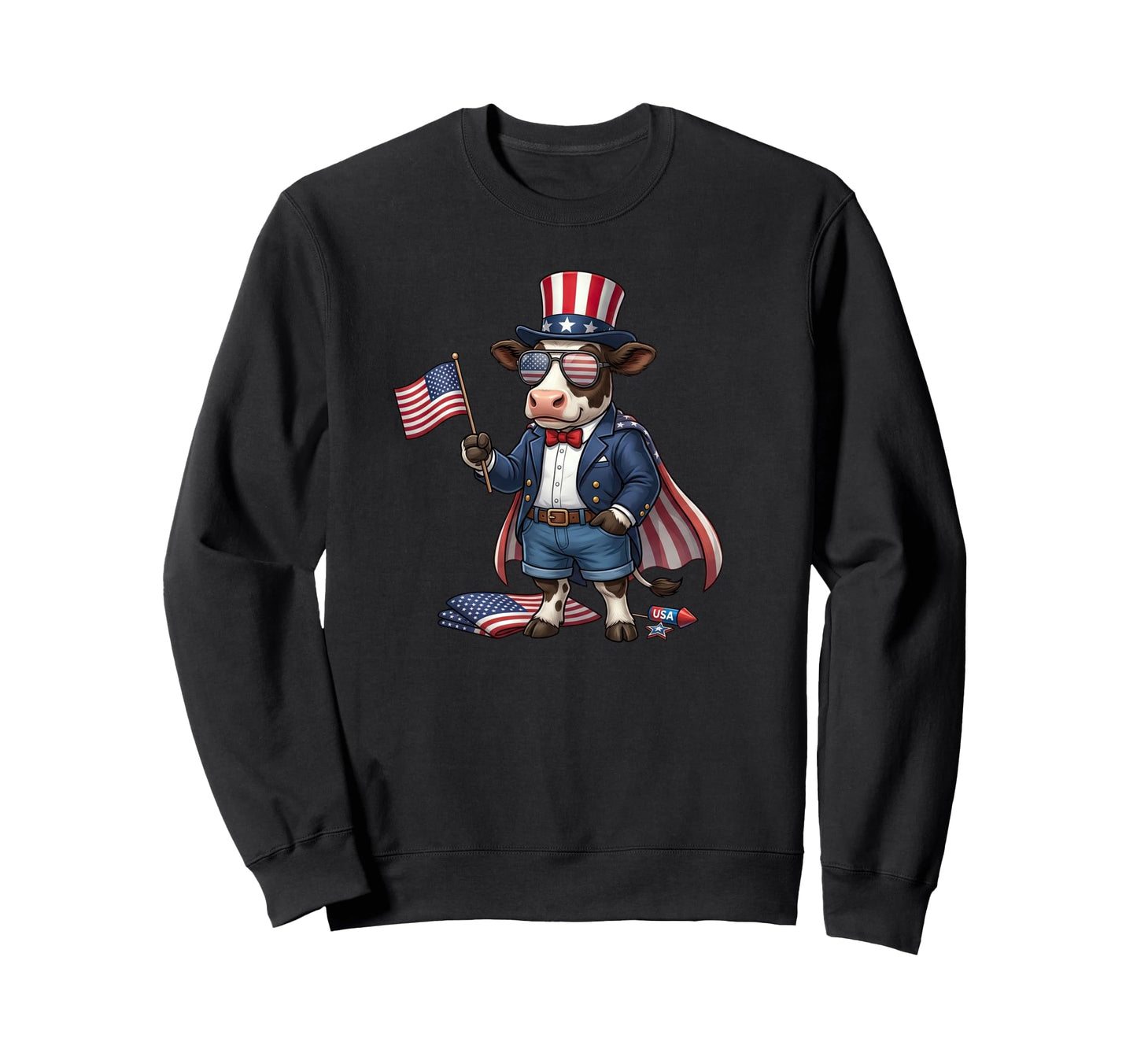 Funny Cow American Usa Flag Sweatshirt - Minimalist Print for Adults - T-Shirt, Sweatshirt, Hoodie