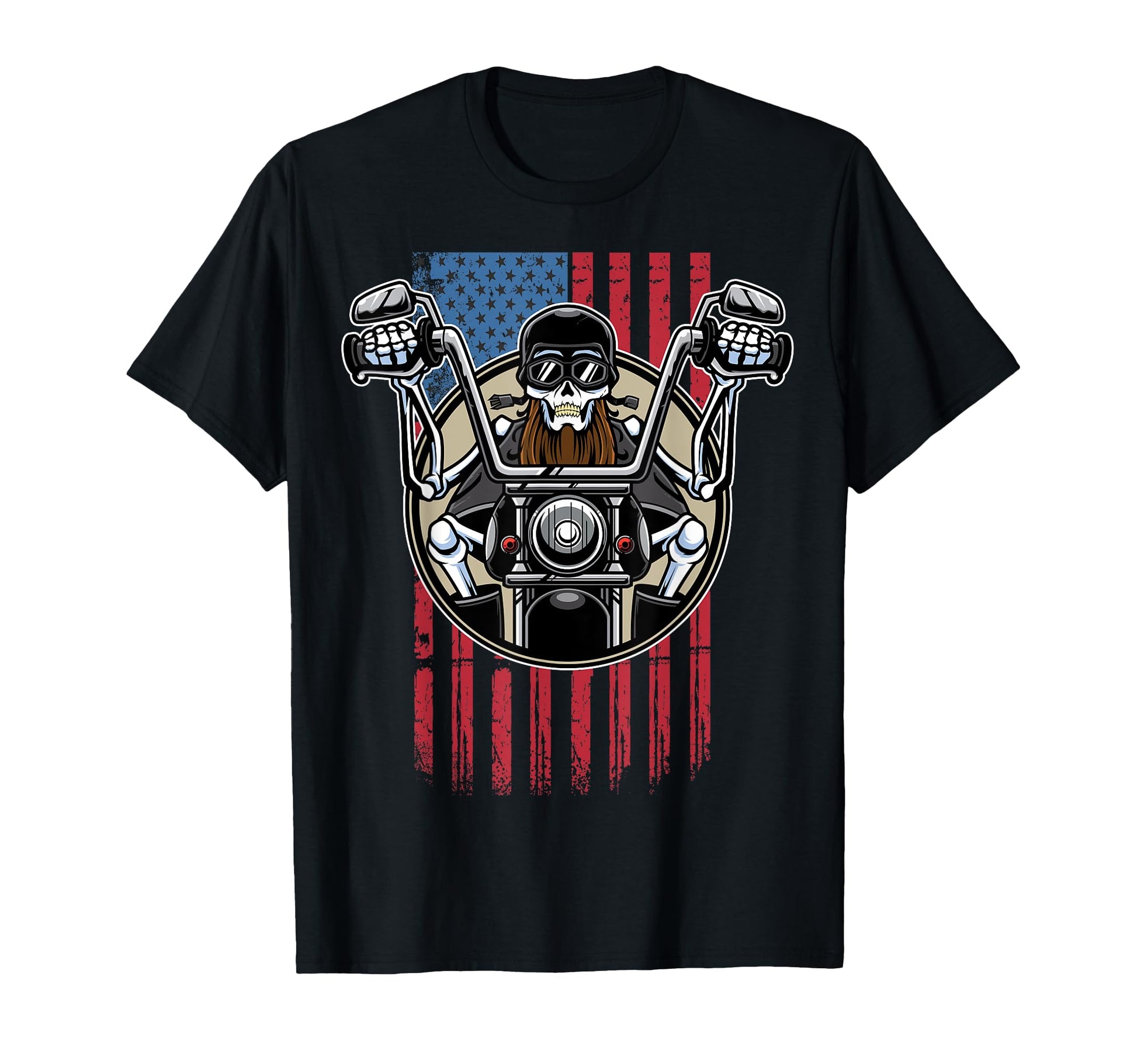 Bearded Biker Skull Us American Flag T-Shirt - Unique Graphic Men Women - T-Shirt, Sweatshirt, Hoodie