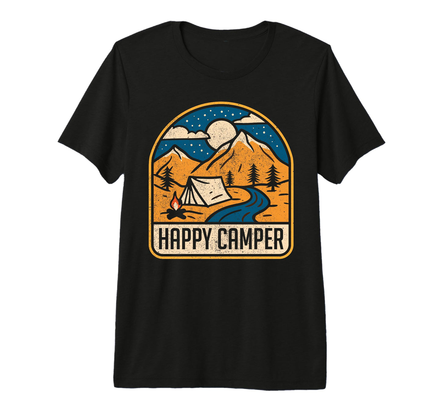 Happy Camper Mountain Hiking Camping T-Shirt - Custom Art Print Unisex - T-Shirt, Sweatshirt, Hoodie
