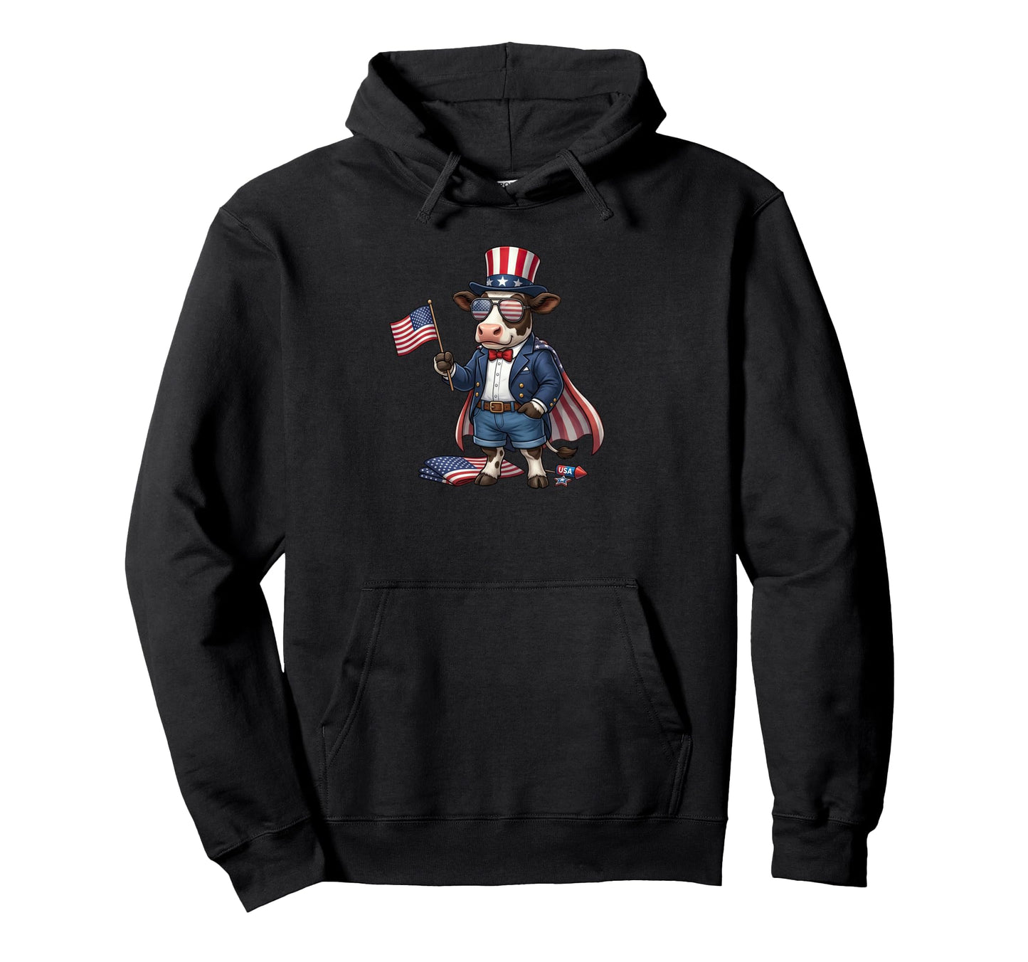Funny Cow American Usa Flag Hoodie - Casual Everyday Wear for Adults - T-Shirt, Sweatshirt, Hoodie