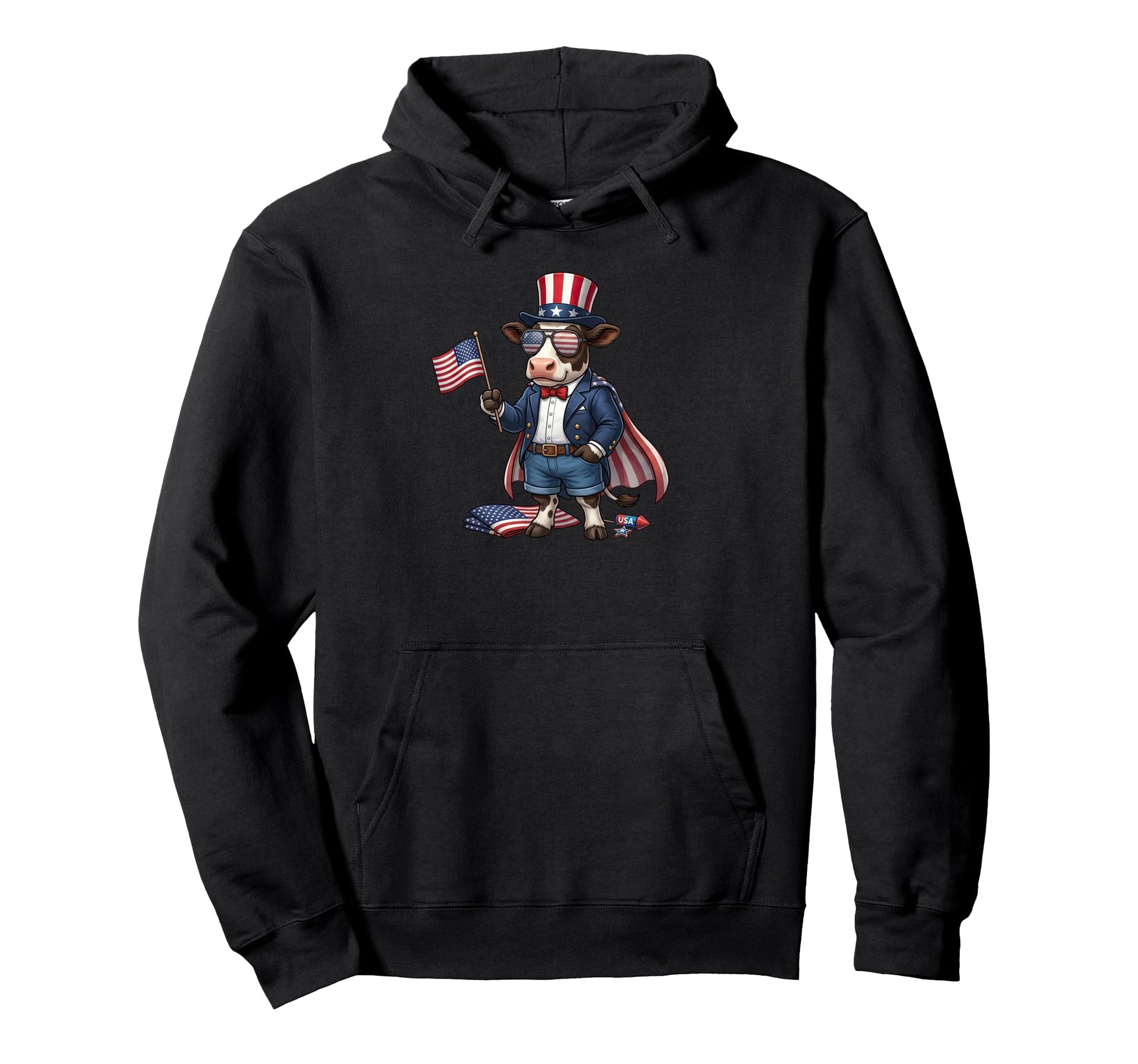 Funny Cow American Usa Flag Hoodie - Casual Everyday Wear for Adults - T-Shirt, Sweatshirt, Hoodie