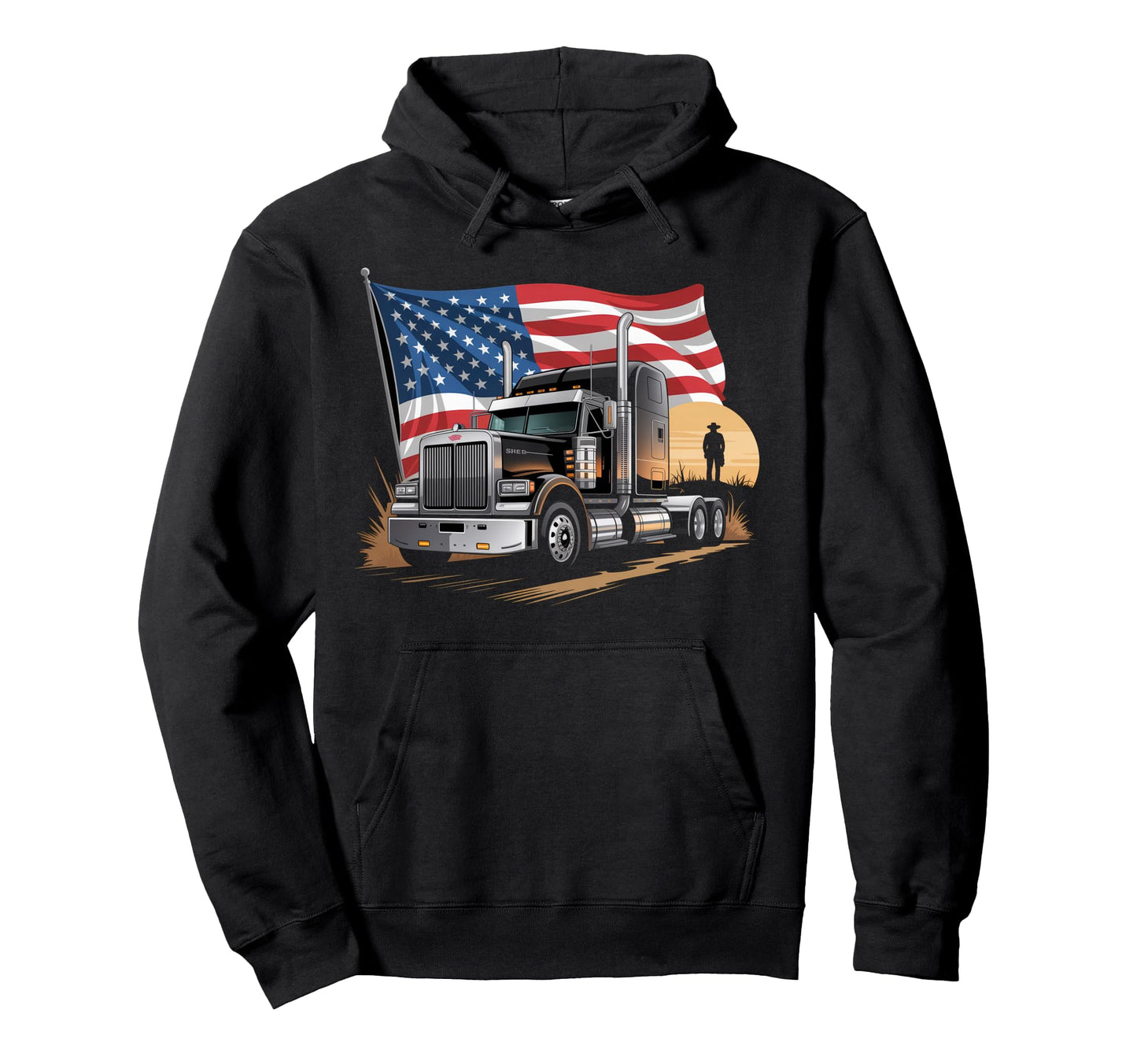 American Flag Trucker Dad Big Rig Hoodie - Unique Graphic Men Women - T-Shirt, Sweatshirt, Hoodie