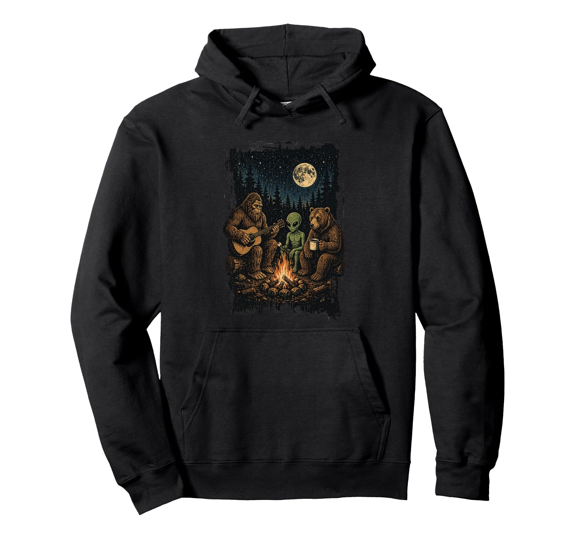 Bigfoot Alien Bear Campfire Forest Full Hoodie - Trendy Graphic for Adults - T-Shirt, Sweatshirt, Hoodie