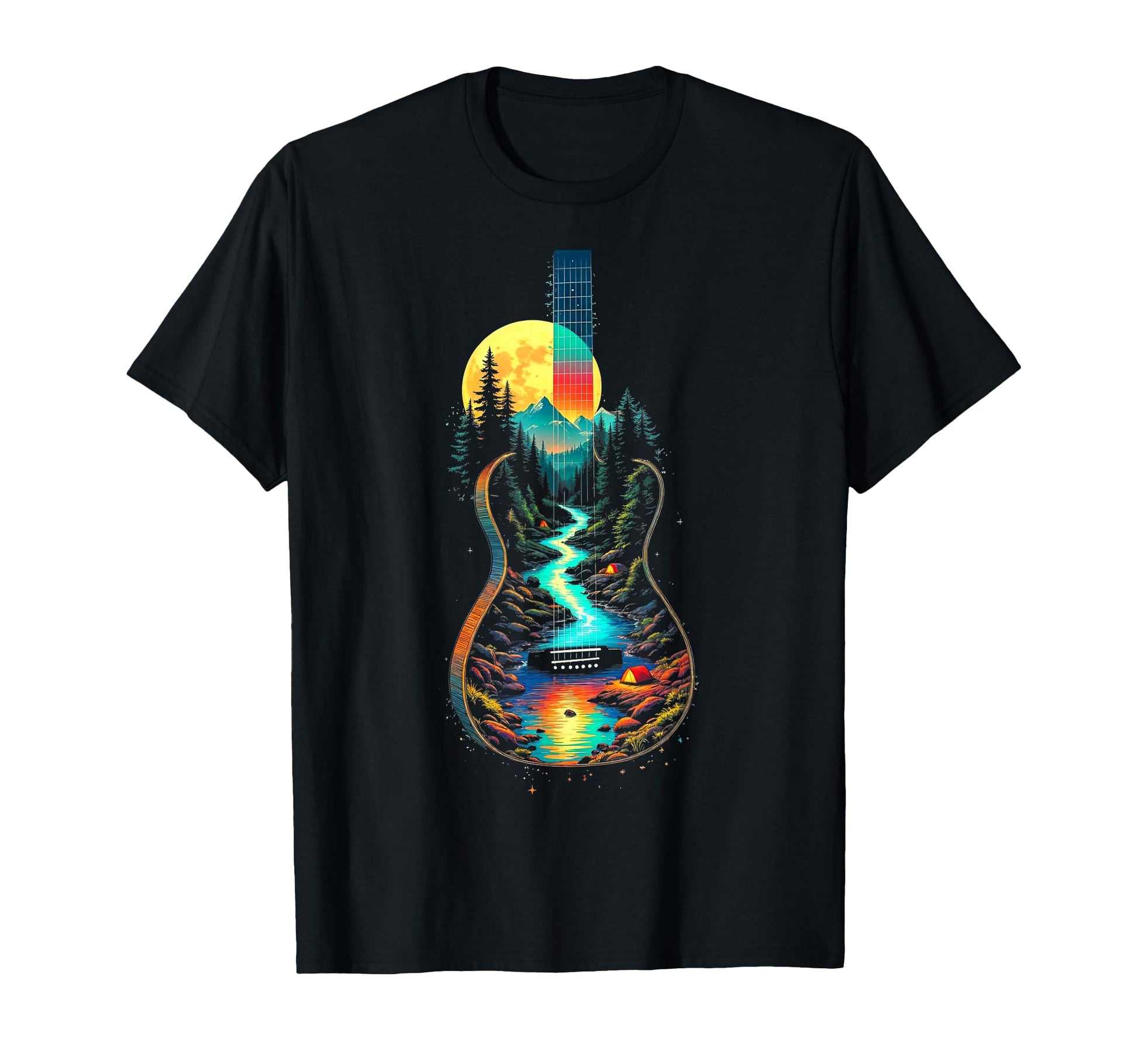 Guitar Lake Reflections Forest Pine T-Shirt - Aesthetic Graphic Unisex - T-Shirt, Sweatshirt, Hoodie