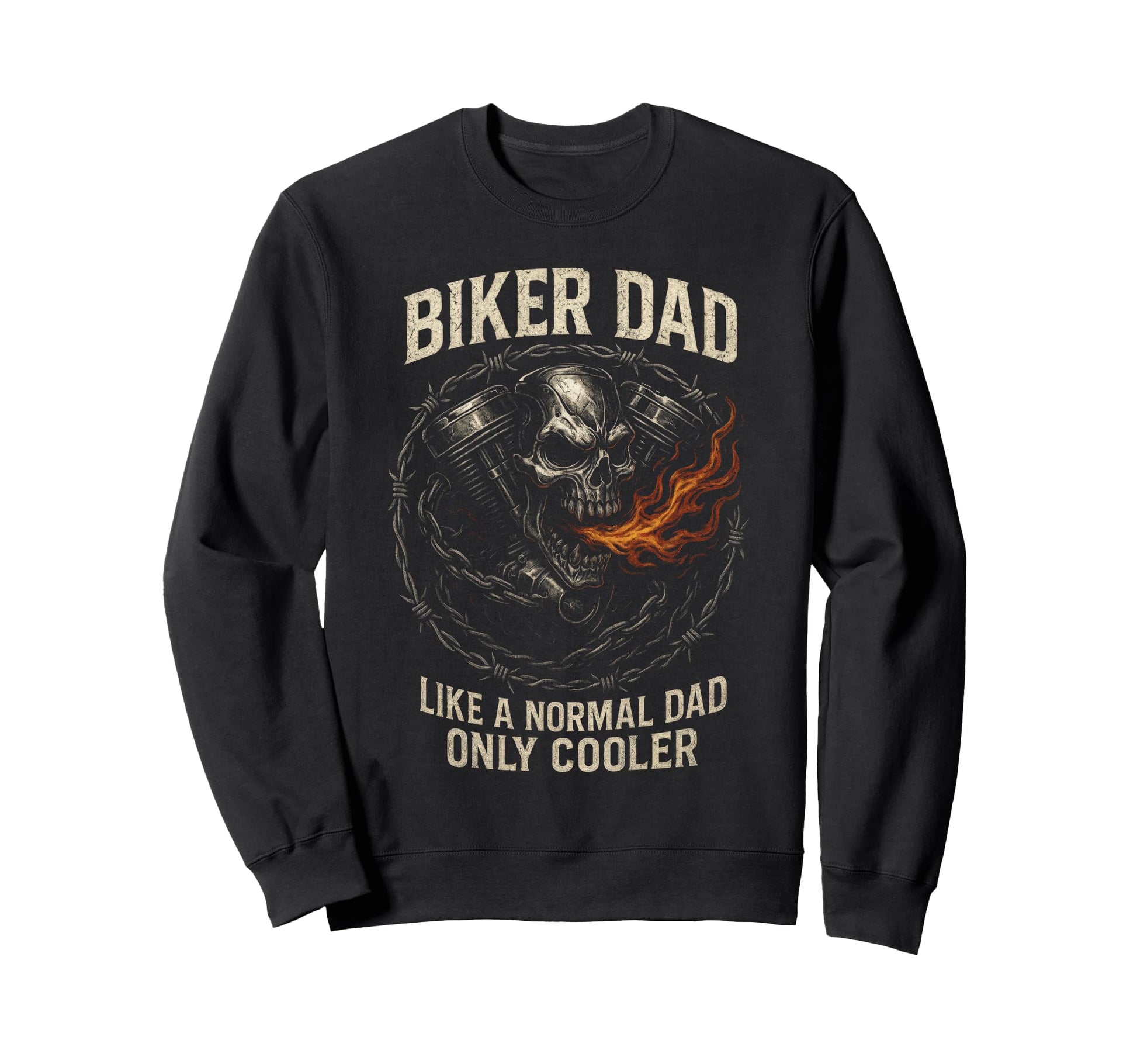 Biker Dad Skull Flames Sweatshirt - Aesthetic Graphic for Adults - T-Shirt, Sweatshirt, Hoodie