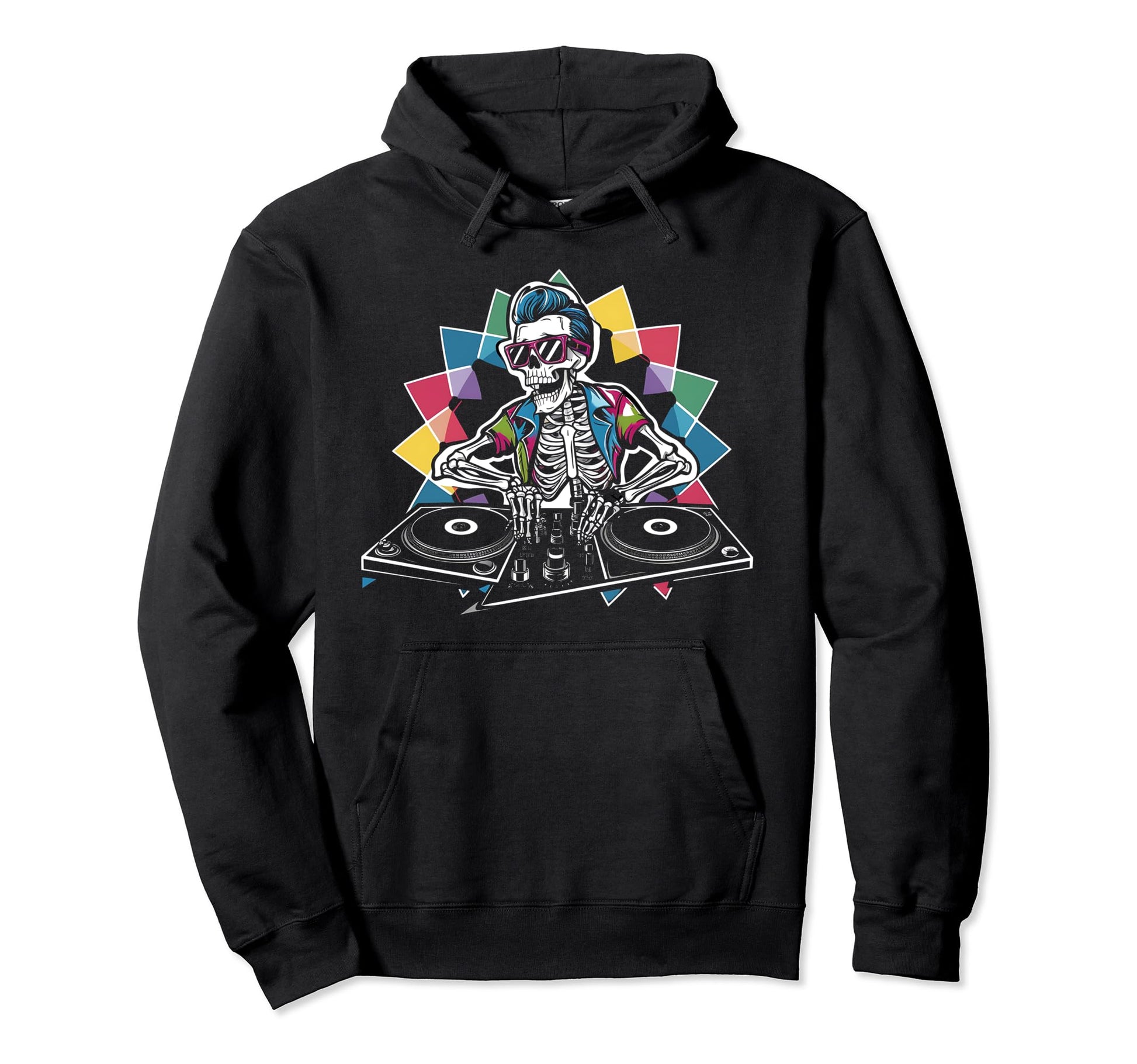 Pop Art Skeleton Dj Vibrant Hoodie - Trendy Graphic for Adults - T-Shirt, Sweatshirt, Hoodie