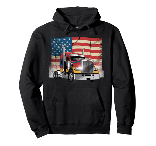 American Flag Trucker Dad Big Rig Hoodie - Trendy Graphic Men Women - T-Shirt, Sweatshirt, Hoodie