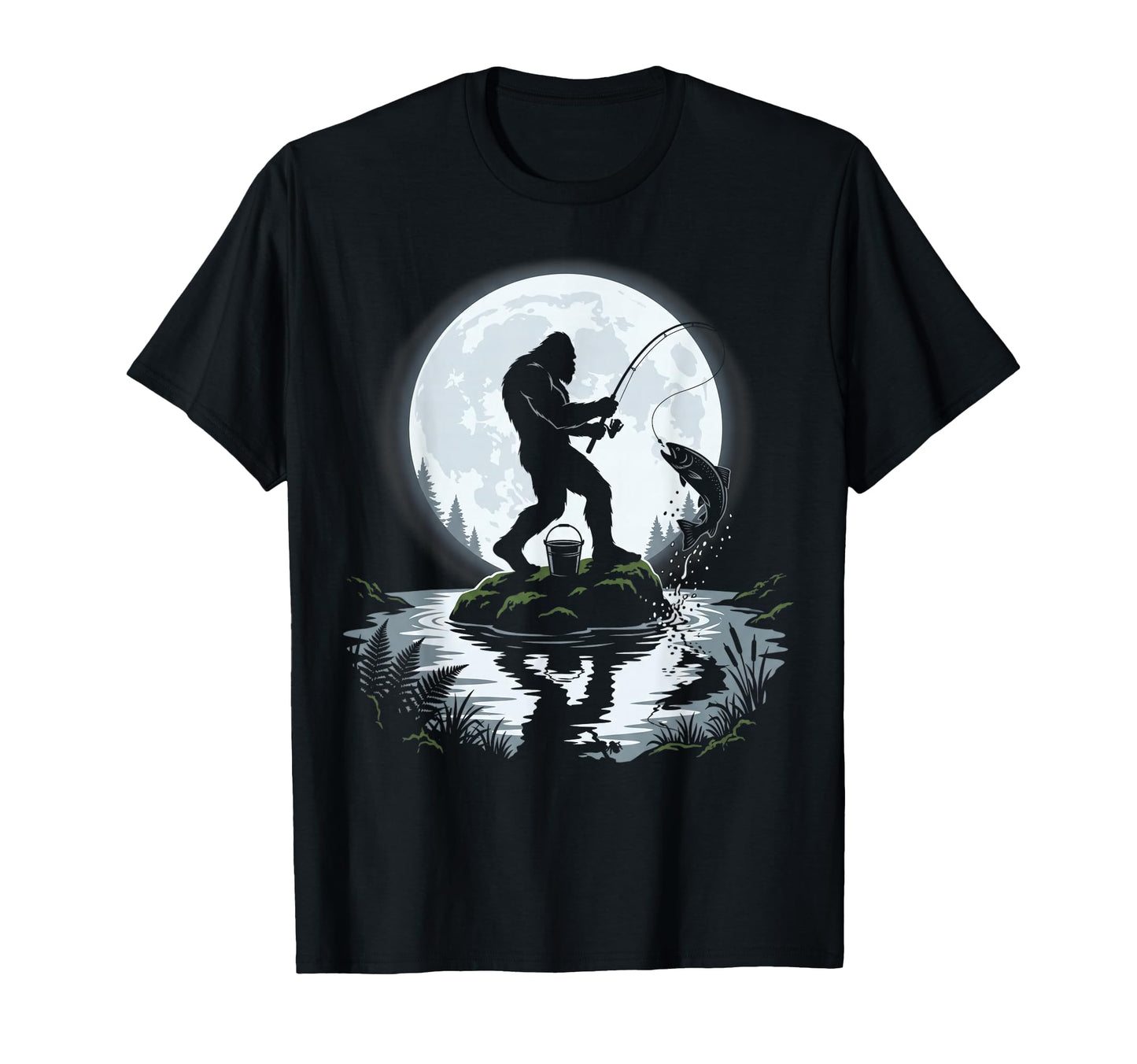Bigfoot Trout Fishing Moon Funny T-Shirt - Aesthetic Graphic Unisex - T-Shirt, Sweatshirt, Hoodie