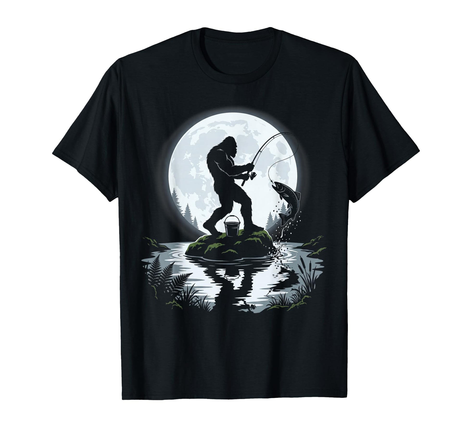 Bigfoot Trout Fishing Moon Funny T-Shirt - Aesthetic Graphic Unisex - T-Shirt, Sweatshirt, Hoodie