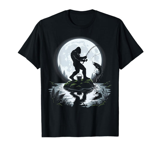 Bigfoot Trout Fishing Moon Funny T-Shirt - Aesthetic Graphic Unisex - T-Shirt, Sweatshirt, Hoodie