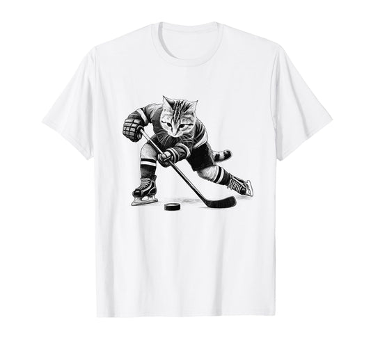 Cat Playing Hockey Kitten Lover T-Shirt - Custom Art Print for Adults - T-Shirt, Sweatshirt, Hoodie