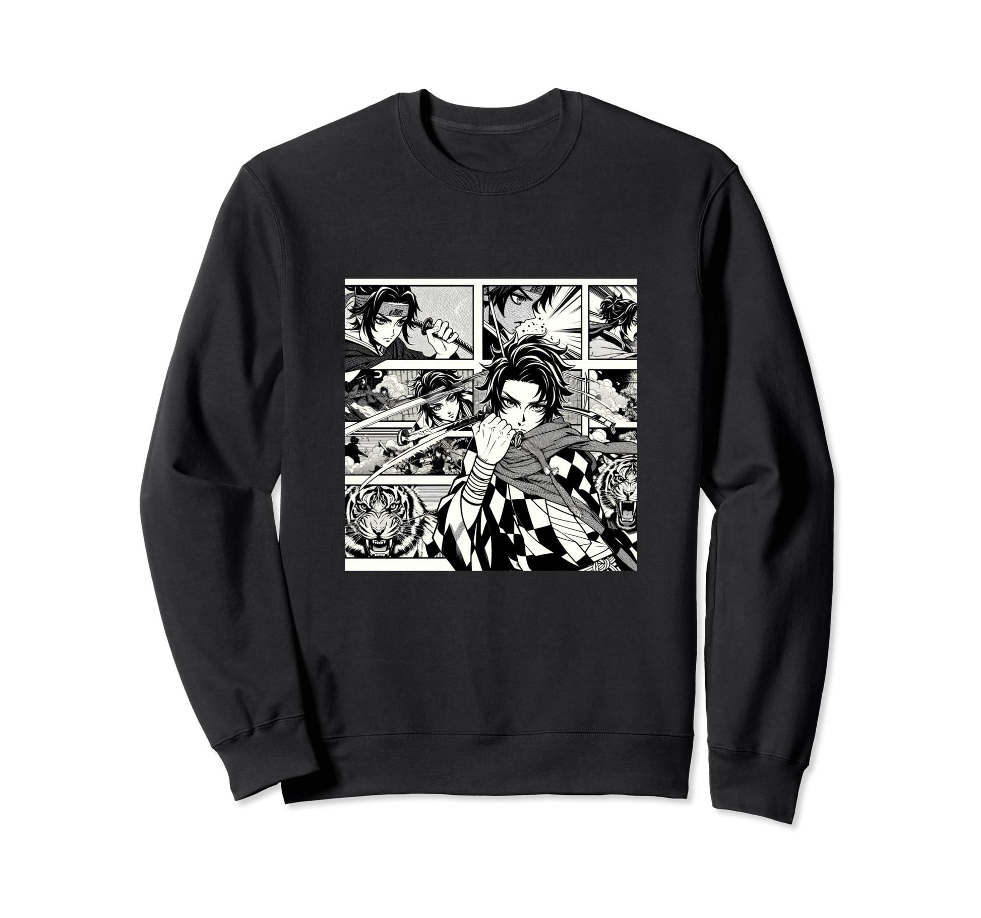 Japanese Fighters Battling Tiger Sweatshirt - Aesthetic Graphic for Adults - T-Shirt, Sweatshirt, Hoodie